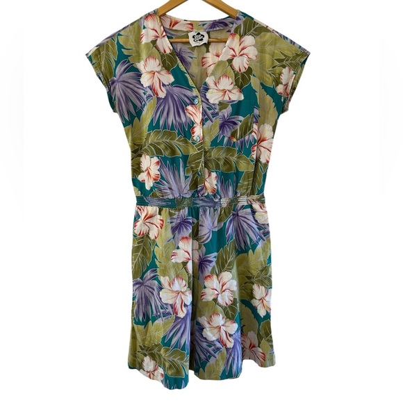 Vintage Hilo Hattie Hawaiian Floral Cotton Romper Green Purple Hibiscus - Picture 3 of 17